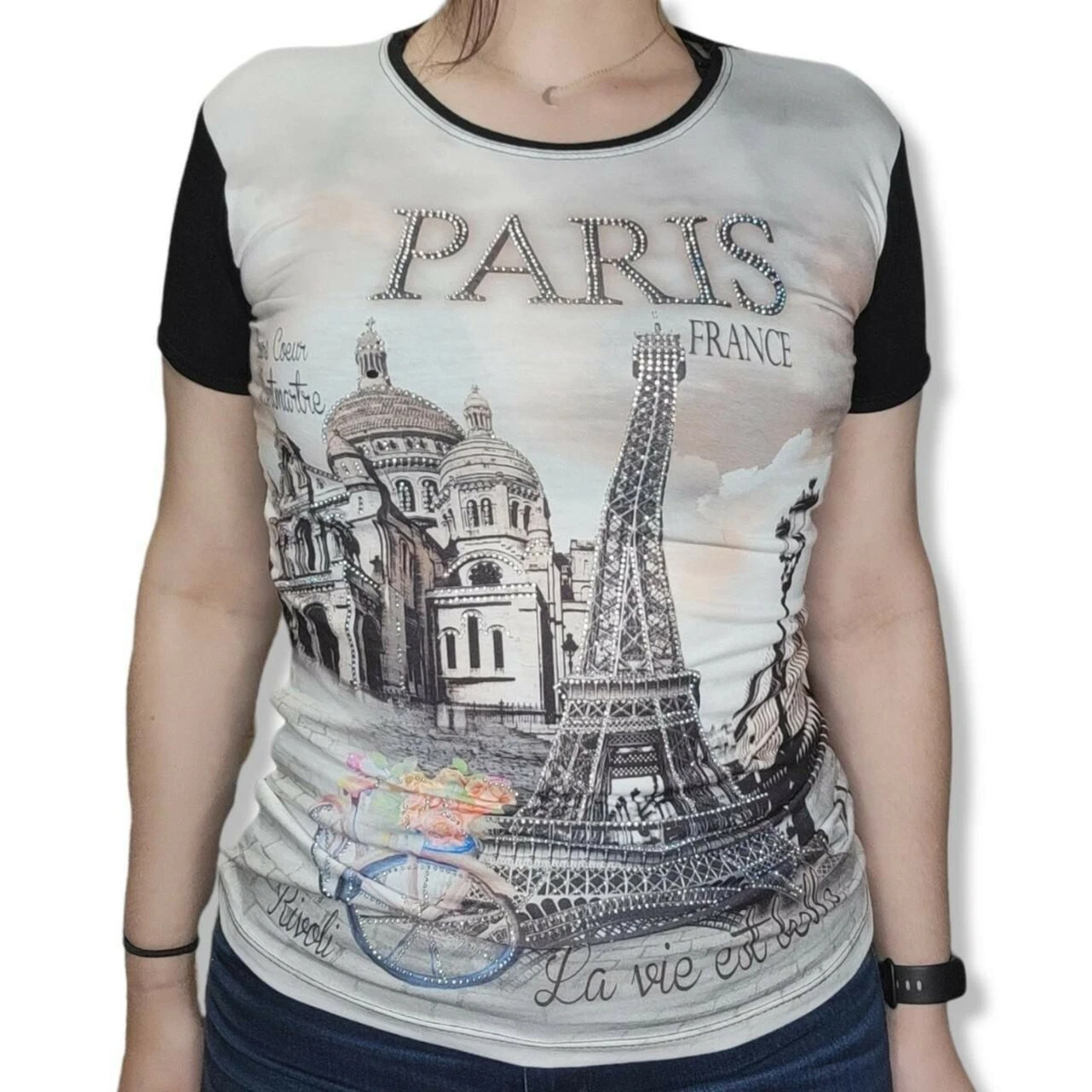 Y2k paris bedazzled rhinestone graphic shirt size medium attitude paris  france | eBay