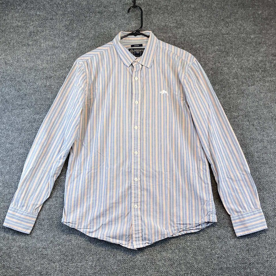 Camisa American Rag Hombre Mediana Azul Melocotón Rayas Manga Larga Abotonada Foto 2 de 4