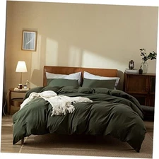 Duvet Cover King, 100% Washed Cotton Linen Like King(90"x104") Dark Green