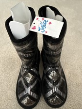 NWT Justice SPARKLY SZ 4 Girl Youth Black Silver Sequin Boots Mid Calf Fashion