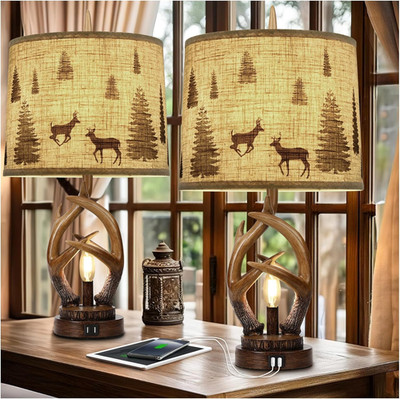 Rustic Farmhouse Antlers Table Lamp Set Of 2 With Nightlight Dual Usb Ports Line