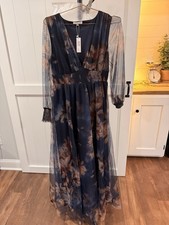 Baltic Born Navy Brown Beige Floral Maxi Dress Sheer Sleeve XL Polyester