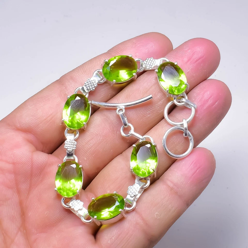 Handmade Green Peridot Gemstone 925 Sterling Silver Jewelry Chain Bracelet - Image 3 of 4