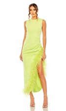 Mac Duggal Lime Green Feather Trim Asymmetric Dress Size 6 $598