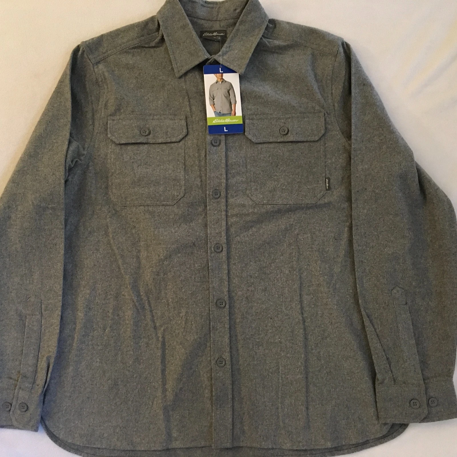 Eddie Bauer Men's Gray Double Brushed Chamois Flannel L/S Shirt Large L NWT