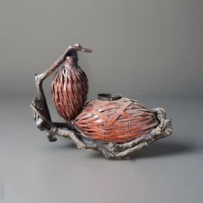 Ikebana Woven Bamboo Double Gourd Basket Hanakago Root Wood Antique Japanese