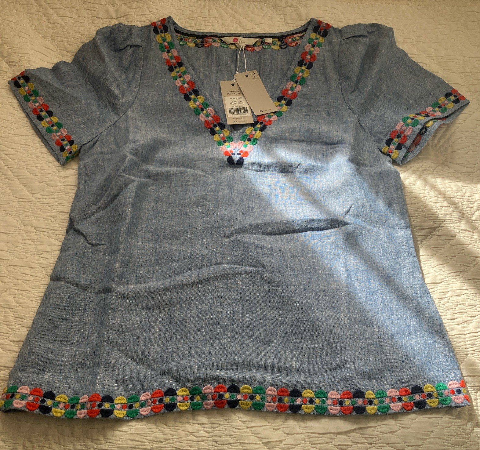 Brand New WT Boden Linen Top Blouse Size 12 With Pretty Appliqué Details RRP £95