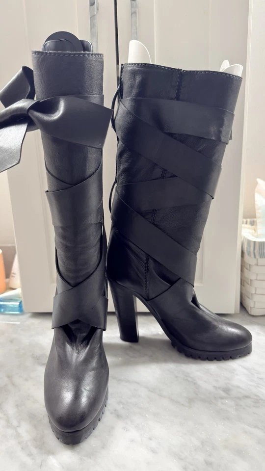 Chloe 高筒靴黑色高跟柔软皮革包裹式绑带 8 码 — 第 3/4 张图片