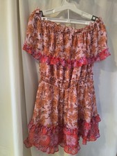 Jessica Simpson Mini Dress Women Sz M Pink Orange Floral Ruffle Off The Shoulder
