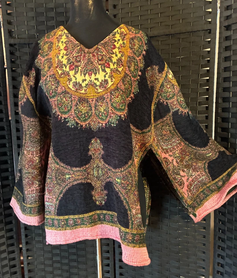 SUÉTER PONCHO PAISLEY NEGRO SUAVE ENVOLVENTE Grande Talla Única Boho Hippie Rosa Foto 3 de 4