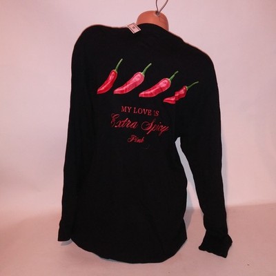 Victoria Secret PINK T Shirt Extra Spicy Love Black Red Long Sleeve Campus Tee