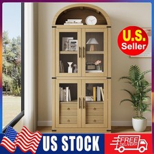 Arched Bookcases Wooden Display Storage Shelves Cabinets with 4 Doors 2 Drawers