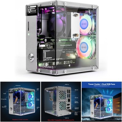 Raspberry Pi 5 NVMe M.2 SSD Case 2.0/3.0 Mini Tower Cooler Dual RGB Fans OLED