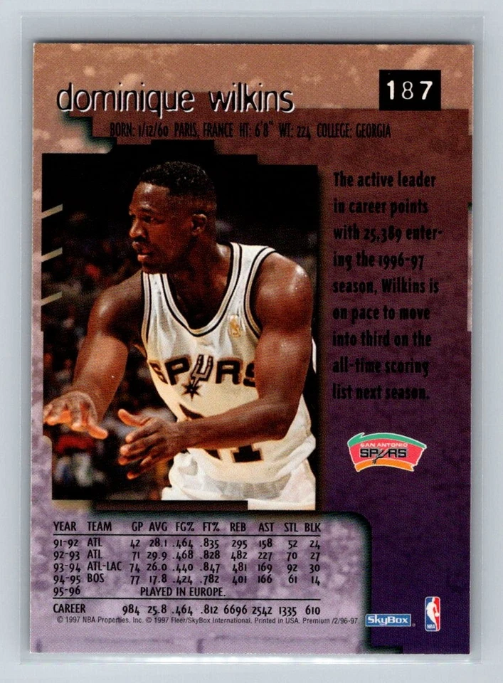 1996-97 SkyBox Premium #187 Dominique Wilkins San Antonio Spurs Basketball Card - Image 2 of 2