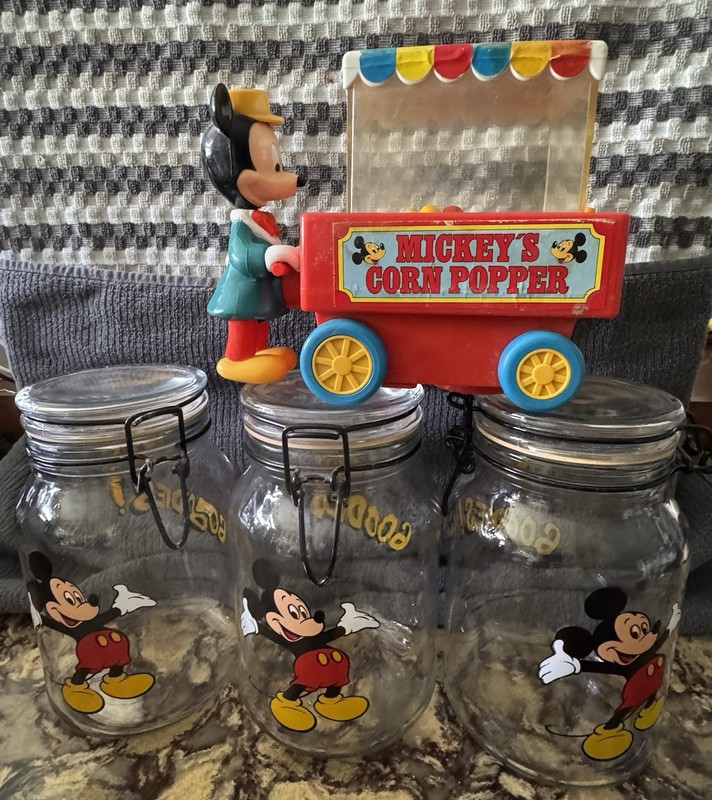 Vinty (3 Disney Mickey Mouse Goodies Glass Locking Canister Jars +Mickey Toy