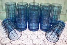 Set of 10 Anchor Hocking Tartan Blue Glass Ice Tea Tumblers Glasses 6-1/4"