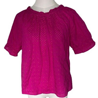 LOFT Hot Pink Eyelet Ruffle Neck Puff Sleeve Cotton Peasant Blouse S