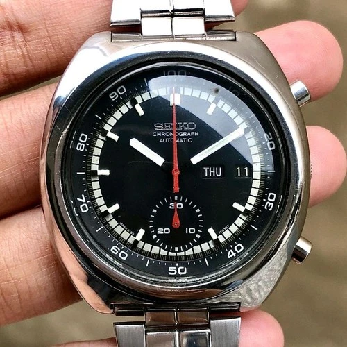 Rare Seiko Chronograph Automatic 6139-7002 Black Dial Day Date Watch Men Vintage