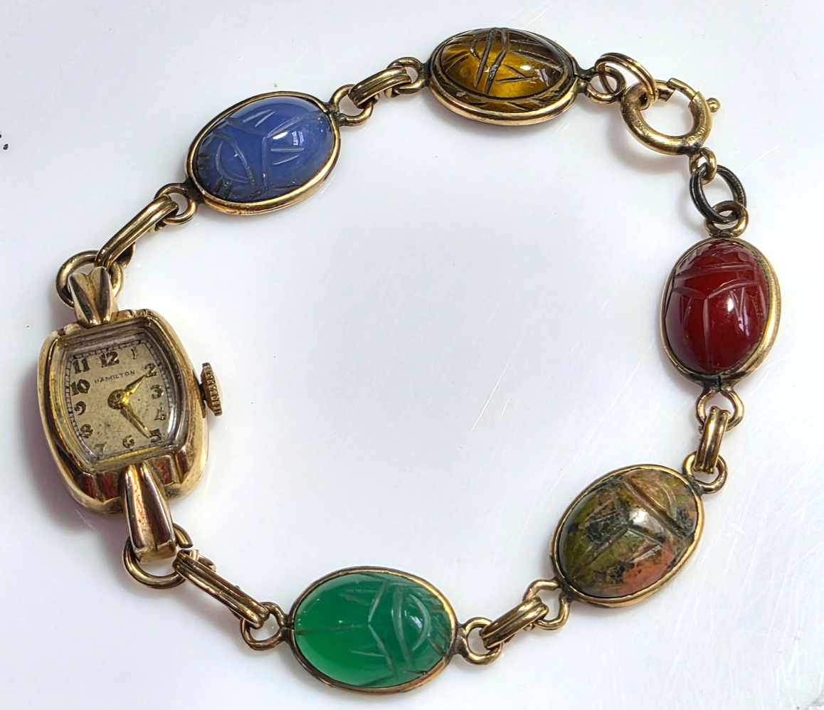 Vintage 1950s Hamilton Watch 10K GF with Carved Gem Scarabs Triangular Dial Vintage Hamilton Automatic 10K GF Wristwatch 1966 Dated MCM  main image 3