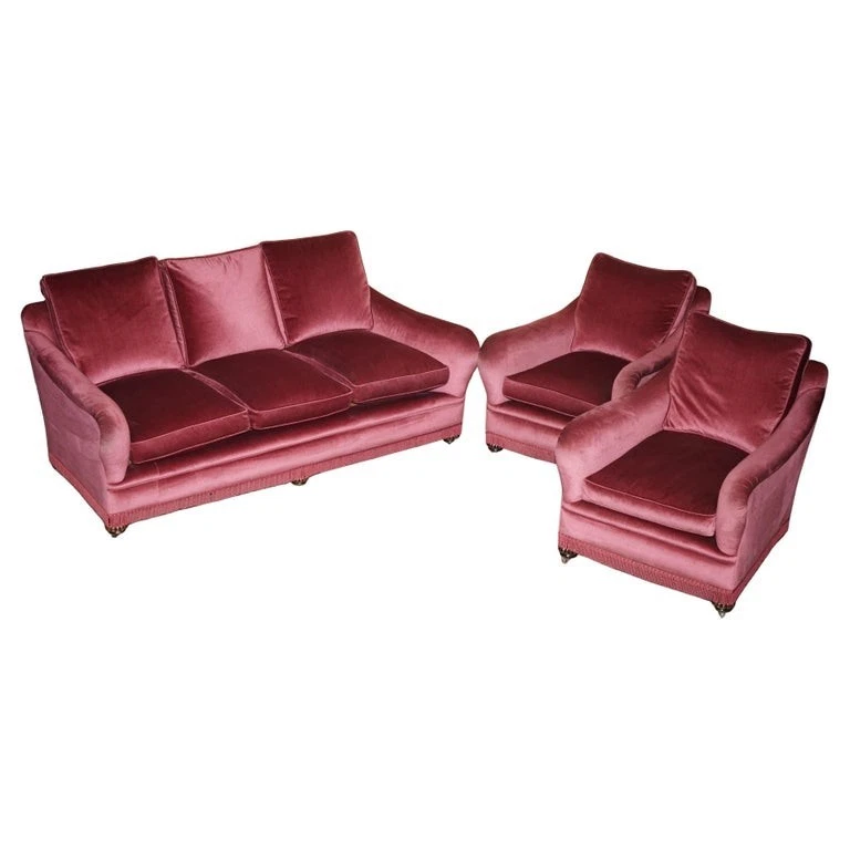 EXQUISITE VICTORIAN SALMON VELOUR UPHOLSTERED SOFA & PAIR OF ARMCHAIRS SUITE