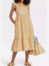 UNIVERSAL THREAD WOMENS YELLOW PINK FLORAL MIDI DRESS SMALL