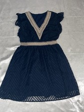 Dress Navy Blue Fit & Flare Chevron Lace Ruffle V-Neck Flutter Short Dress M
