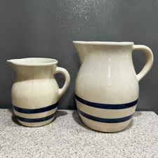 2 Vtg Robinson Ransbottom Roseville Ohio Pottery Stoneware Pitcher Blue Stripes