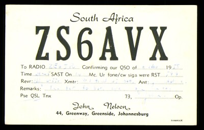1 x QSL Karte Radio Südafrika ZS6AVX Johannesburg 1958 John Nelson   V328