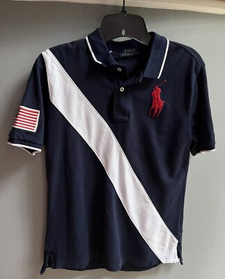 Boys Polo Ralph Lauren Mesh Polo Shirt Big Pony American Flag L 14