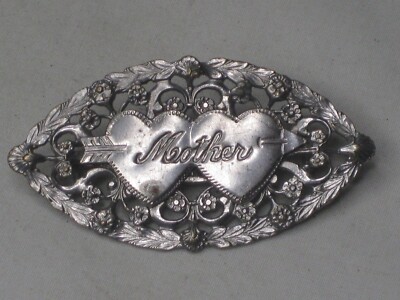 vintage metal brooch pin Mother double heart w/ arrow ornate Pat. 2066969