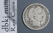 1909 (P) Liberty Head "Barber" Quarter Silver 25¢ - VG - Very Good