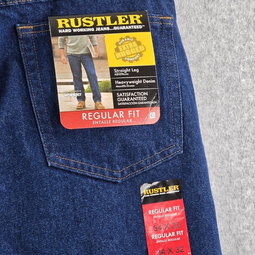 Rustler Jeans Mens 34x32 Heavyweight Denim Dark Wash Regular Straight Leg Work - Picture 8 of 10