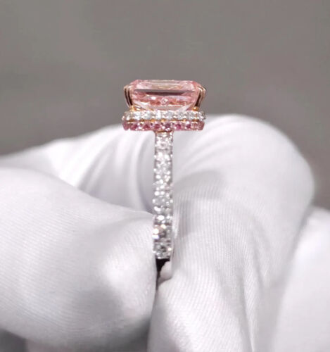 Radiant 4.40Ct IGI Fancy Vivid Pink Lab-Grown Diamond Hidden Halo Ring 14k Gold - Picture 4 of 13