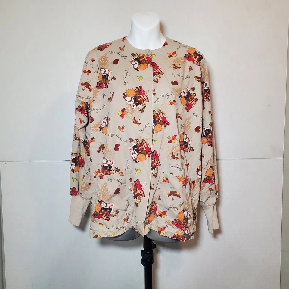 UA Womens Thanksgiving Scrub Top Size Small With Turkeys and People On It. - Image 4 of 4