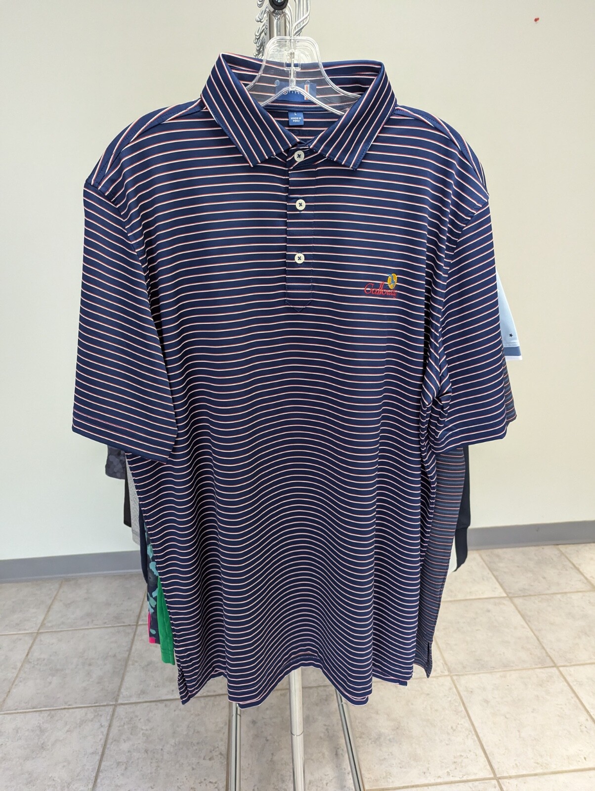 NWT MEN'S STITCH BLEEKER STRIPE POLO, SIZE: L, COLOR: NAVY/MINERAL RED (M6)