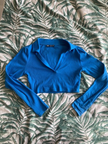 Zara Long Sleeve Blue Collared Crop Top Size Small | eBay