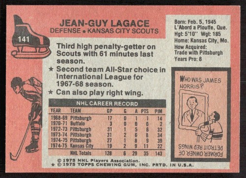 1975-76 8492A Topps Jean-Guy Lagace Kansas City Scouts #141 - Picture 2 of 2