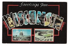 Greetings WISCONSIN Large Letter CAPITAL & BASEBALL Stadium Postcard 1959