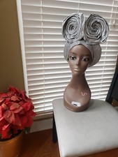 Aso-Oke African Headtie Auto Gele, Ready Made Gele Silver 