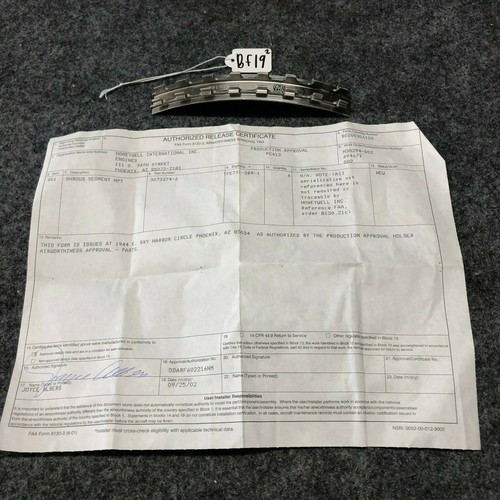 Honeywell Turbine Shroud Segment P/N 3073374-6 (New Surplus W/8130)