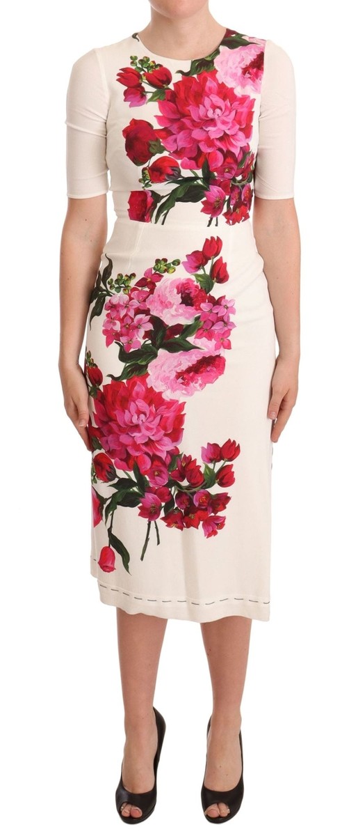 Dolce&Gabbana Women White Dress 100% Viscose Zip Floral Dolce&Gabbana Women White Dress 100% Viscose Zip Floral