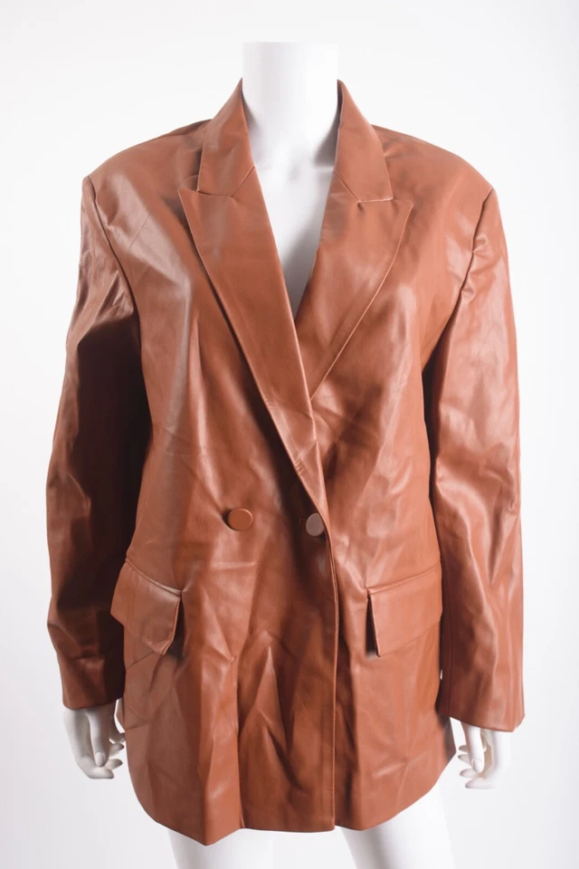 Zara Womens Brown Faux Leather Oversized Blazer Jacket L Large 3046/473 NWT