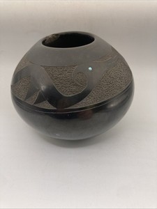 Juan Tafoya 1995 San Ildefonso Pueblo Avanyu Pottery Bowl Stone Inlay Signed REA
