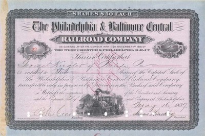 Philadelphia and Baltimore Central Railroad Co. - 1887 dated Railway Stock Cer