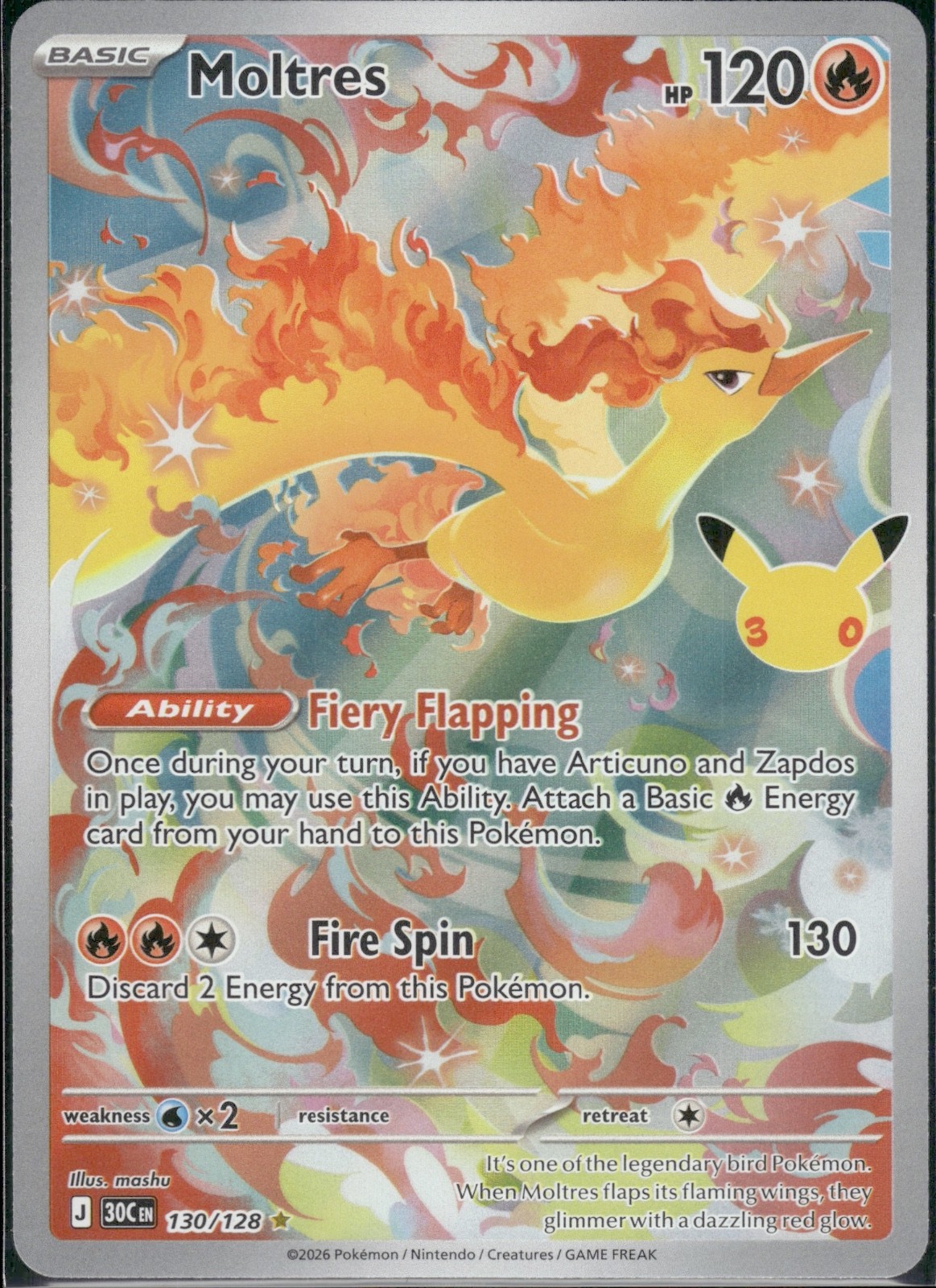 Moltres Holo Illustration Rare ME: 30th Celebration 130/128 NM