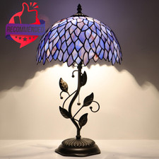Tiffany Table Lamp Stained Glass Desk Lamp Metal Leaf Base Reading Light 12x19