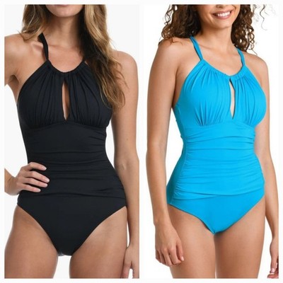 La Blanca Womens High Neck Keyhole One Piece Swimsuit, Black, Lagoon Blue