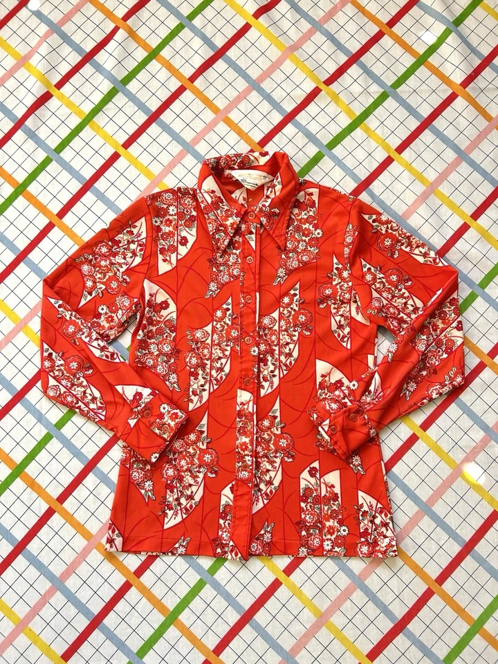 Blusa Floral Roja Años 70 De Colección Mujer Talla Pequeña Cuello Punta Manga Larga Poliéster Foto 2 de 4