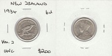 New Zealand 1934 Sixpence 6d KM-2, UNC (Choice quality for the type!)