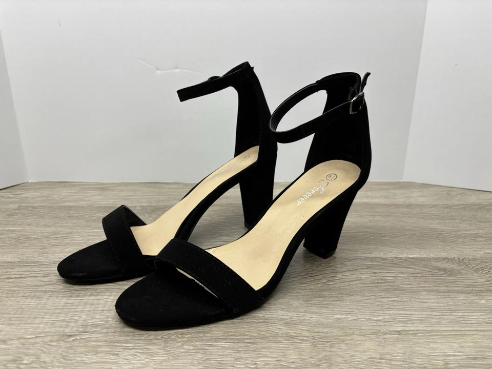 Tacones de aguja de gamuza Forever-Black punta abierta con correa para el tobillo 8,5 Foto 2 de 4